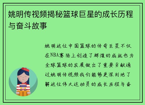 姚明传视频揭秘篮球巨星的成长历程与奋斗故事